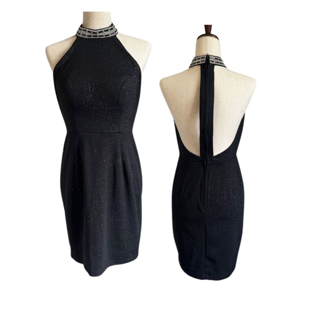 Black Backless Halter Dress With Jeweled Collar and T Back Mini Size 9